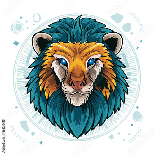 Lion Head with Blue Mane, Fantasy Illustration, Wildlife Art, Detailed Design