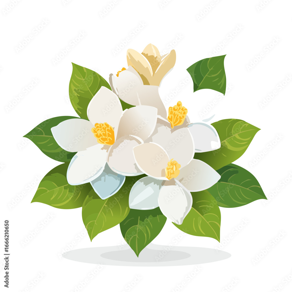 Naklejka premium Magnolia blossoms graphic art flowers and foliage elegant vector illustration White petals yellow stamens for decorations or nature design