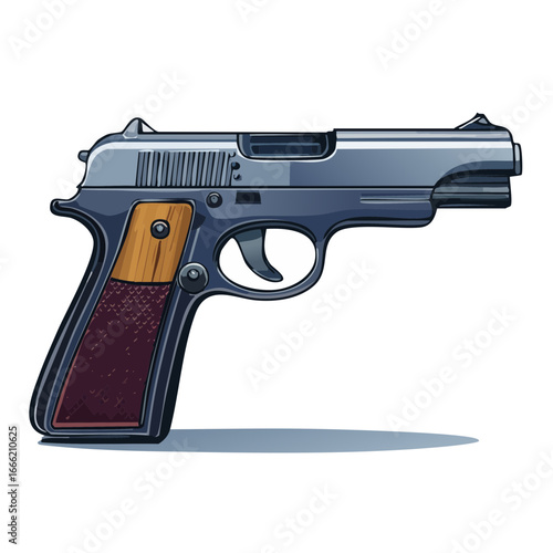 Cartoon illustration of a semi-automatic pistol, gun with wood handle on dark background
