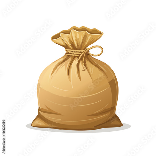 Illustration of full brown burlap sack tied with rope, isolated against black.
