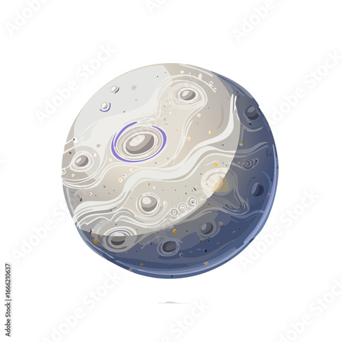 Illustration of a cratered moon with a bluish tint and circular designs against a black background