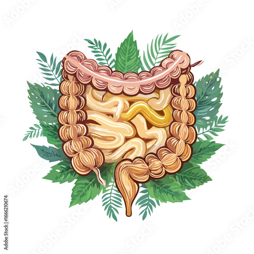 Illustration of a human intestinal tract surrounded by leaves representing healthy digestion