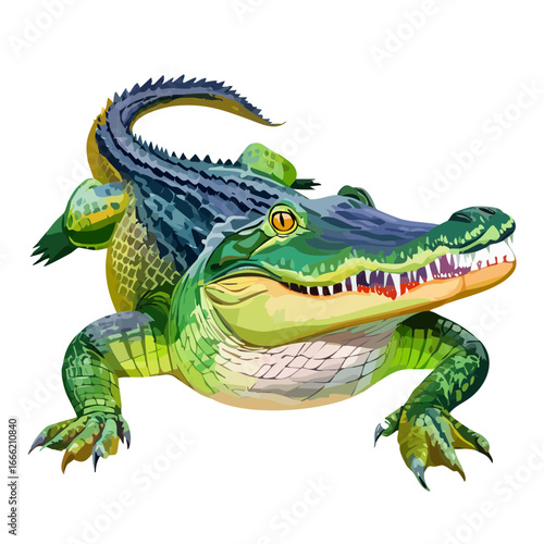 Digital art of a green crocodile with orange eyes stands on black background wildlife predator teeth dangerous reptile vector image