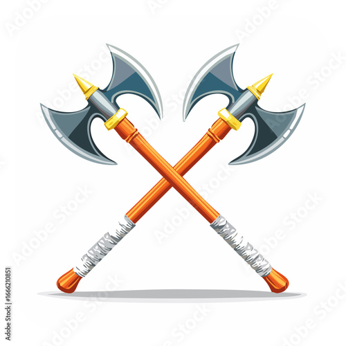 Illustration of two crossed battle axes symbol for conflict protection weaponry and medieval design element for fantasy and gaming