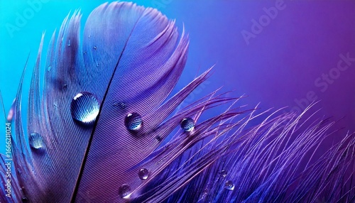 Beautiful transparent drops of rain water on a feather on a blue and violet background, macr.jpg