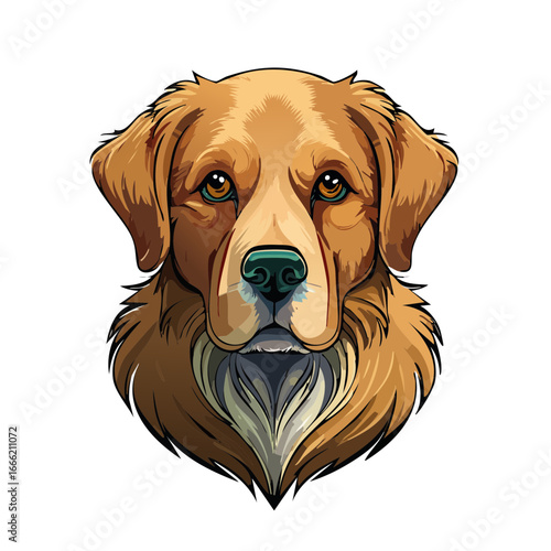 Head portrait illustration of a light brown dog with turquoise eyes and a green nose, on a black background.