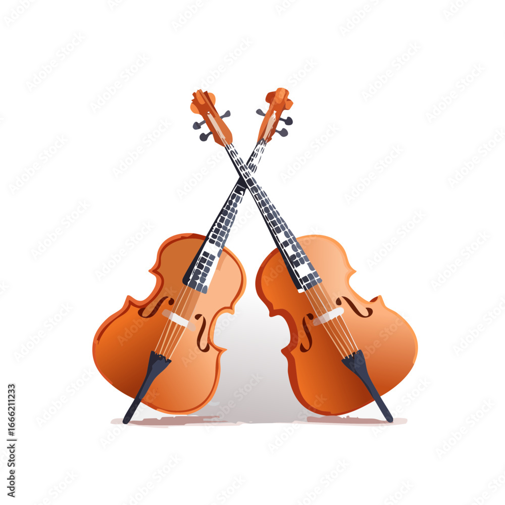 Fototapeta premium Two cellos crossed on black background, classical music, musical instruments, orchestra, symphony, gradient shading, illustration.