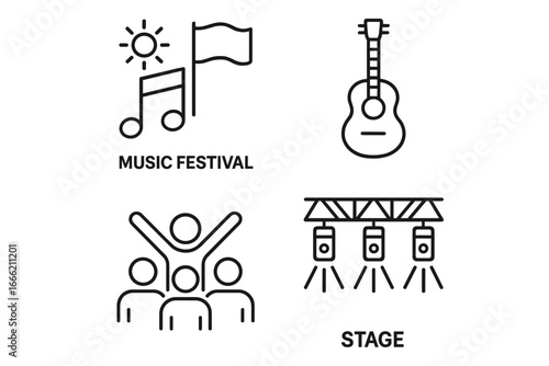 Music festival icons: guitar, stage, audience, and flag with sun