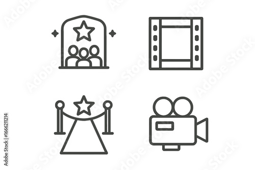 Entertainment icons: camera, filmstrip, red carpet, star
