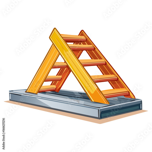 Illustration of a-frame construction stairs or ladder on a metal platform with orange steps and yellow railings.