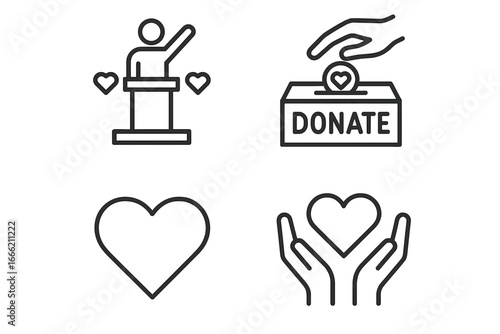 Charity and donation icons: love, helping hands, collecting box, fundraising symbol