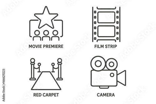 Outline icons of movie premiere, film strip, red carpet, and camera