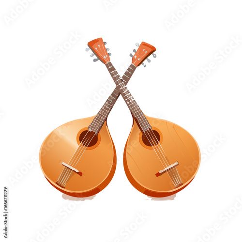 Two crossed bandurrias create a decorative design on a black background. Stringed musical instruments of Ukraine.