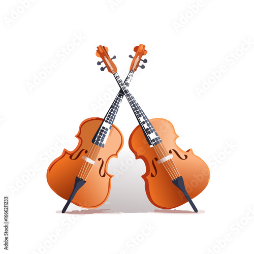 Two cellos crossed on black background, classical music, musical instruments, orchestra, symphony, gradient shading, illustration.