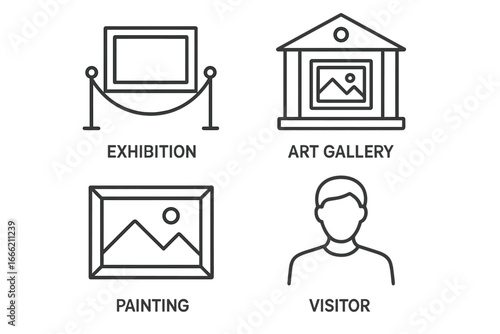 Simple line icons of an art gallery exhibition with painting and visitor