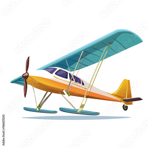 Cartoon style seaplane illustration Flying vintage hydroplane with pontoon water landing gear Small aircraft for leisure or transportation