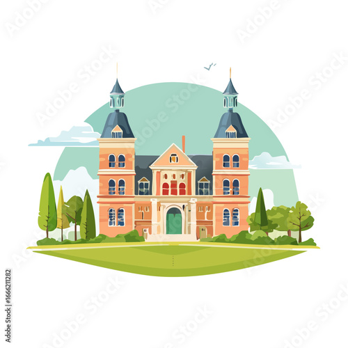 Cartoon Illustration of a Large Mansion with Towers in Lush Green Park