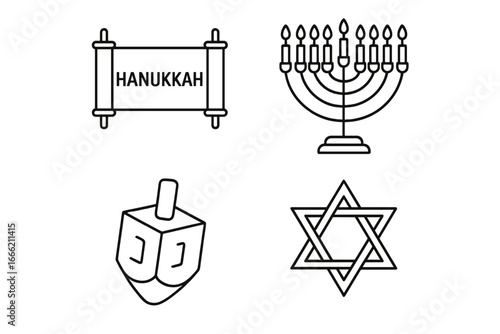 Hanukkah icons: menorah, dreidel, torah scroll, star of david in black and white