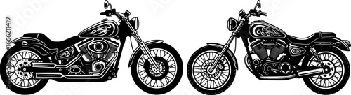 Two classic cruiser motorcycle silhouettes side view with detailed engines and chrome parts