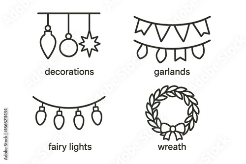 Festive holiday decorations with garlands, fairy lights, and wreath illustrations