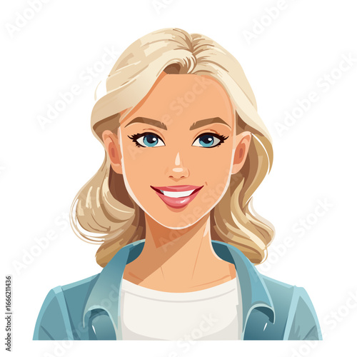 Blonde woman portrait illustration smiling with blue eyes in casual denim jacket against a black background character design