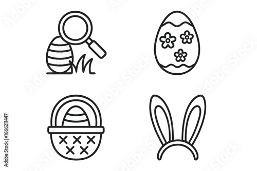 Easter symbols: eggs, basket, bunny ears, magnifying glass line art