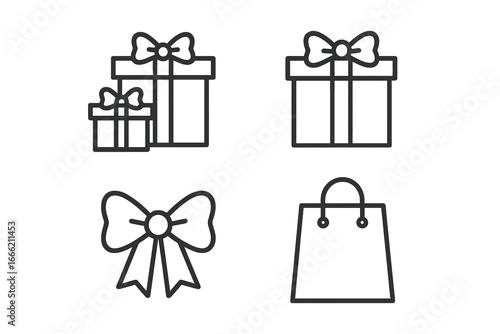 Gift boxes, ribbons, and shopping bag icons in minimalist line art