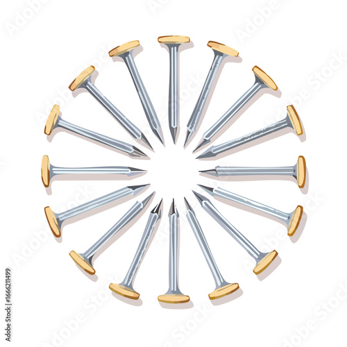 Metal nails arranged in a circular pattern construction carpentry and hardware industrial tool background sharp pointed object