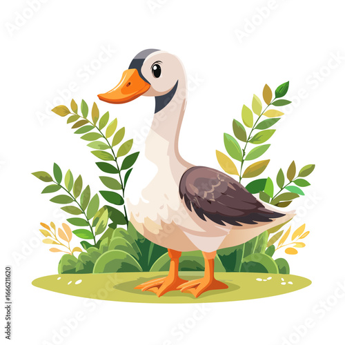Cute goose with orange beak standing on grass with leaves decoration illustration