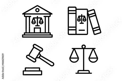 Law and justice icons: courthouse, legal books, gavel, scales of justice