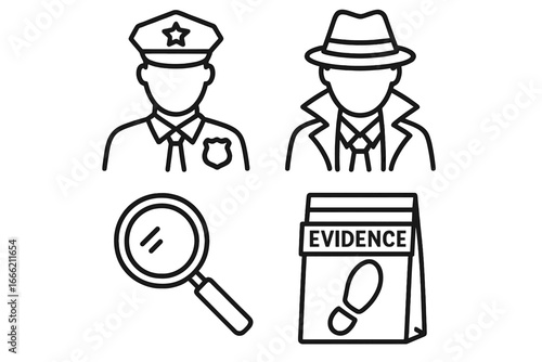 Detective icons: officer, sleuth, magnifying glass, evidence bag line art