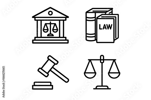 Legal icons: scales of justice, law books, gavel, courthouse symbol