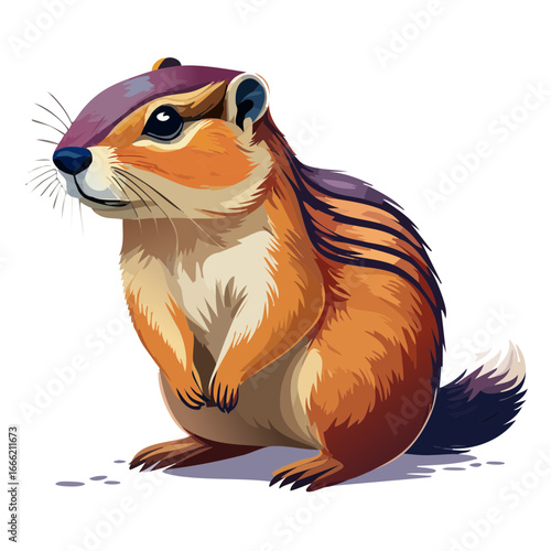Cartoon Style Chipmunk Illustration Sitting Attentively On Black Background Featuring Detailed Fur And Expressive Eyes