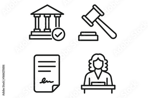 Legal icons set featuring judge, gavel, document, and courthouse