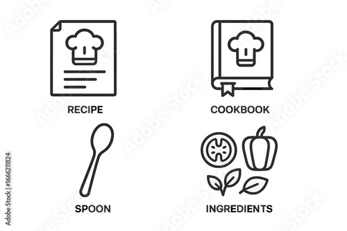 Recipe and cooking essentials: cookbook, ingredients, and spoon icons