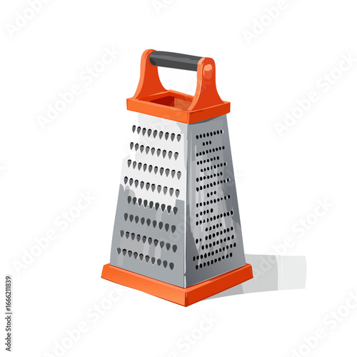 Orange and silver grater on black background kitchen utensil icon. Illustration