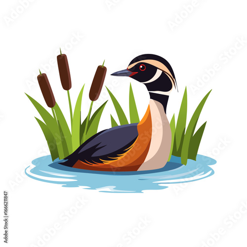 Cartoon duck swimming in pond with reeds and plants Illustration of waterfowl in a natural habitat for educational use