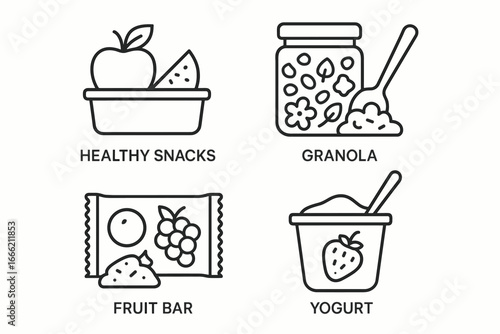 Healthy snacks outline: fruit, granola, fruit bar, yogurt icons