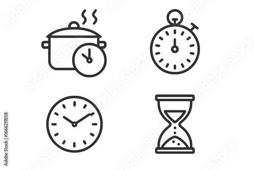 Cooking and time management icons featuring clock, stopwatch, and hourglass symbols