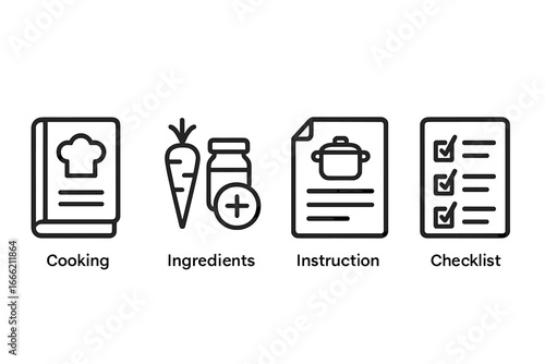 Cooking ingredients and recipe icons with instruction and checklist