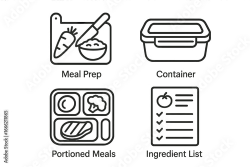 Meal prep essentials icon set featuring containers and portioning tools