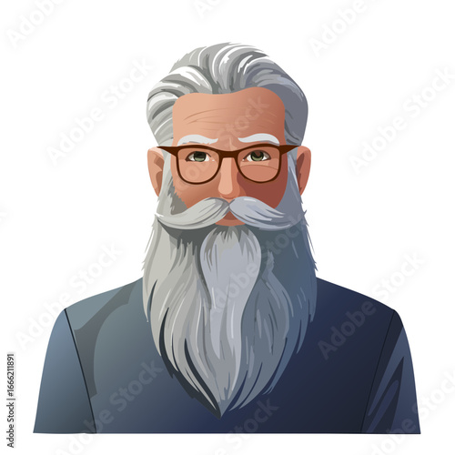 Senior man portrait with long gray beard wearing glasses vector illustration cartoon style mature hipster avatar