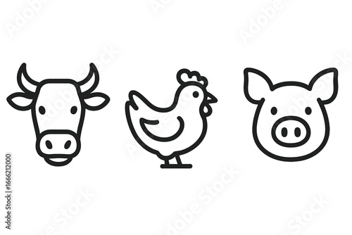 Minimalist animal icons: cow, chicken, and pig in line art style