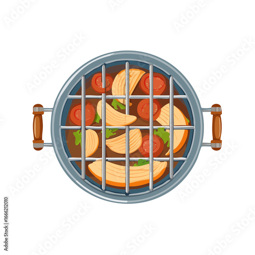 Grilled vegetables tomatoes and peaches on a grill summer barbecue illustration