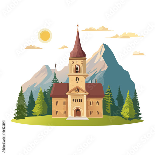 Quaint Church Building Illustration with Mountain Backdrop and Pine Trees under Full Moon