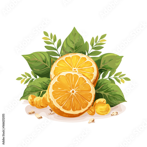 Vibrant sliced oranges with green leaves artful arrangement on plate illustration