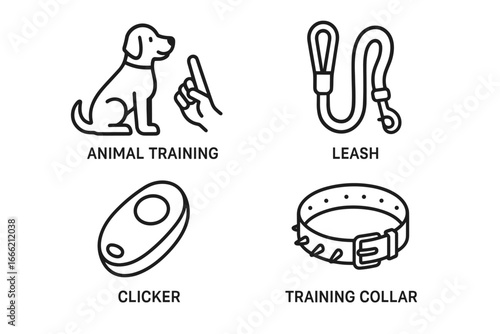 Dog training essentials: leash, clicker, training collar, obedience icons