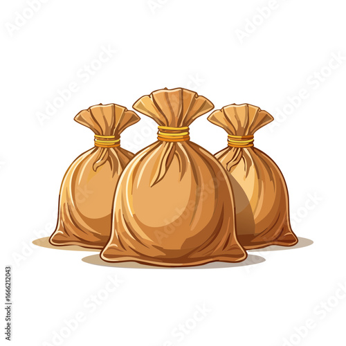Cartoon illustration of three tied cloth sacks with yellow cord and soft shadows on a black background