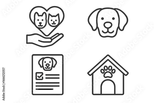 Pet care icons: heart with cats, dog, adoption form, kennel with paw print