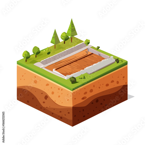 Isometric Garden Soil Cross Section with Plants and Fence Detailed Illustration